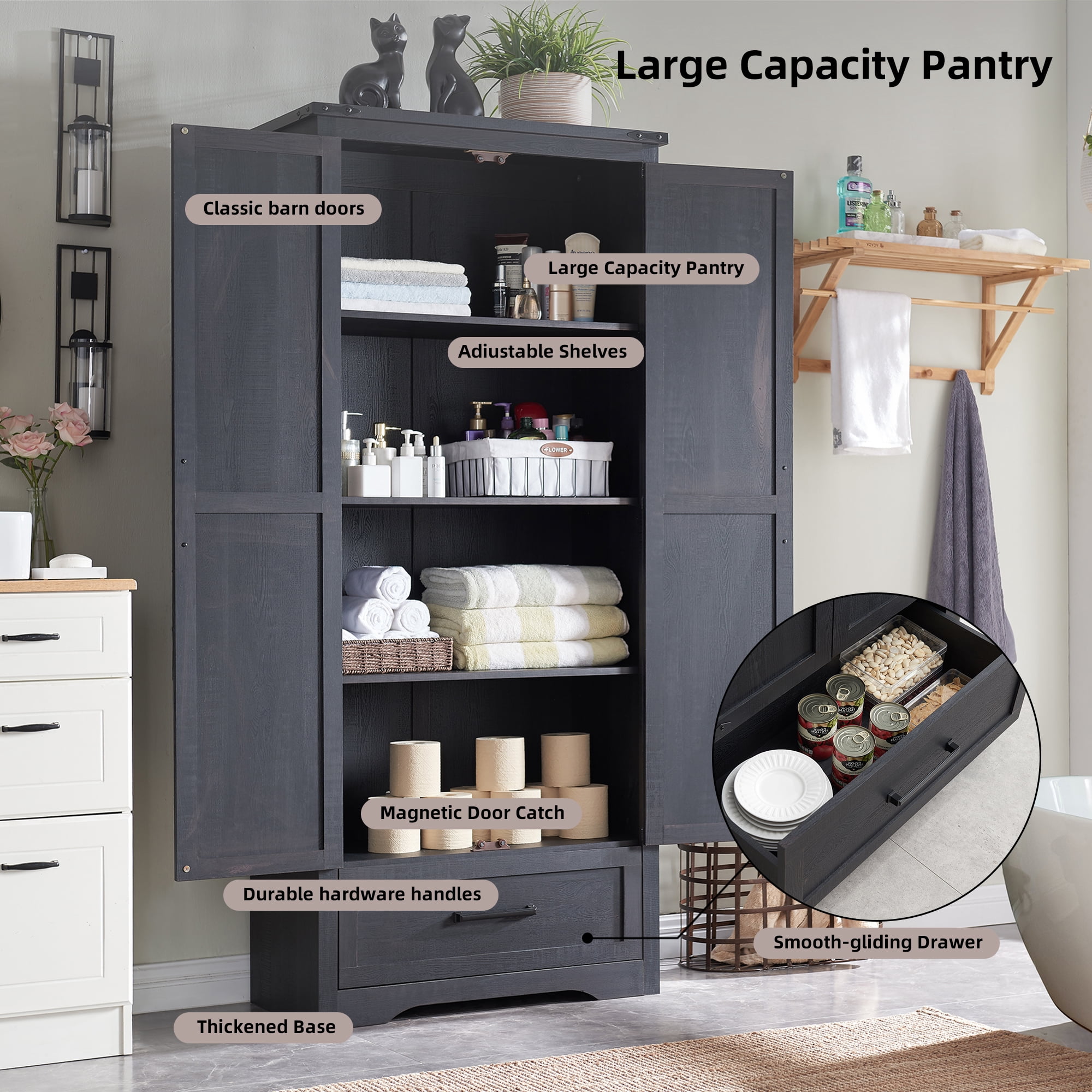 T4TREAM Farmhouse 2-Door Storage Cabinet with Adjustable Shelves and 1 Drawer for Bathroom and Living Room, Black