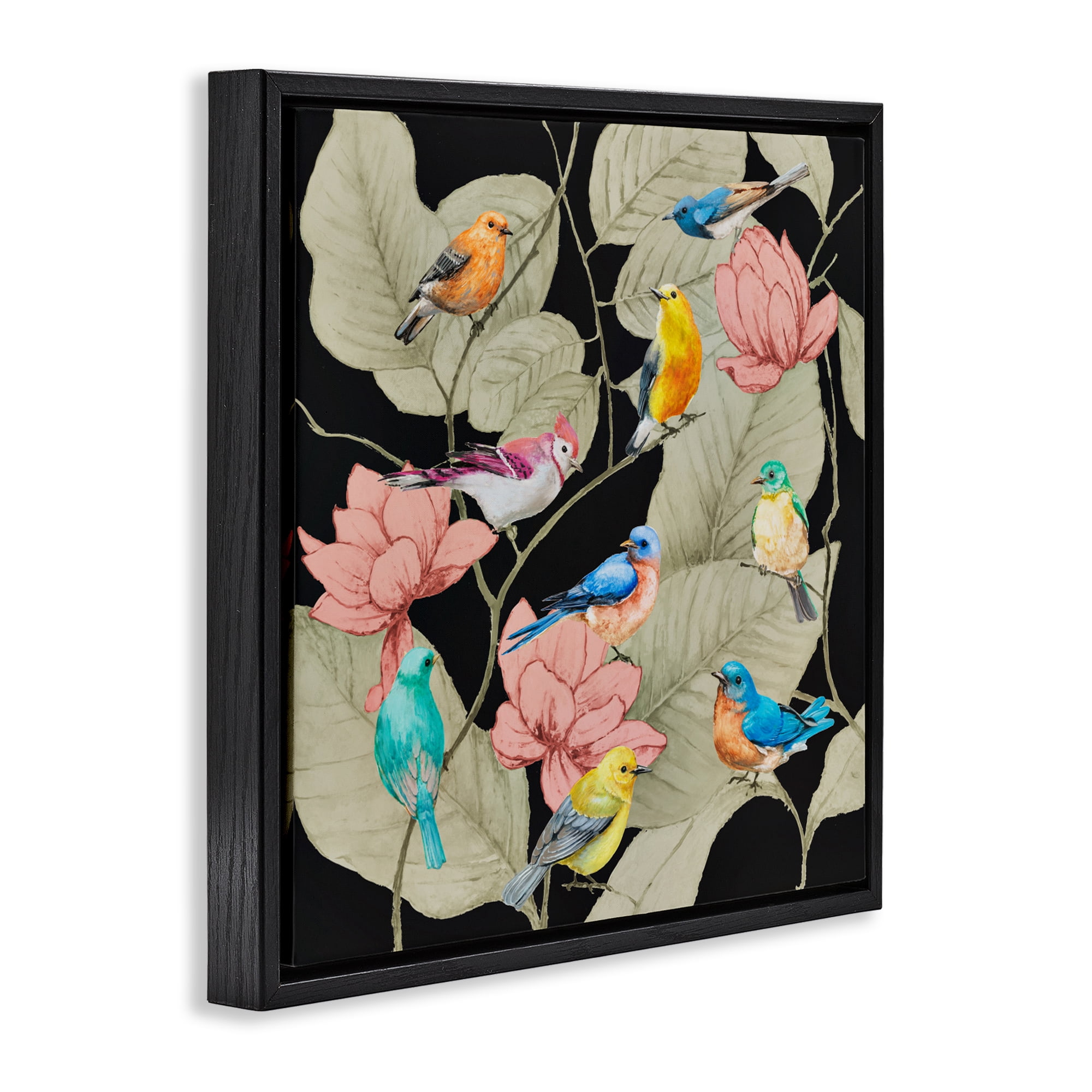 Stupell Industries Colorful Birds & Leaf Motif Black Framed Floater Canvas Wall Art, design by Lorenzo Collective