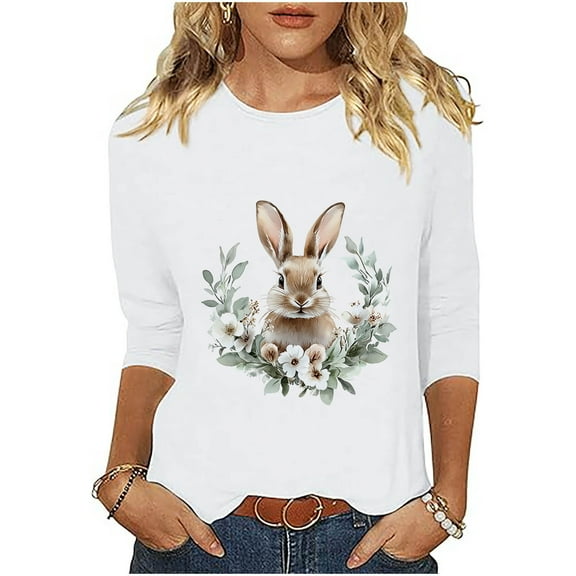 Easter Shirts For Women Spring Summer 3/4 Sleeve Crewneck Tops Blouse Cute Rabbit Graphic Tees Trendy Basic Easter 2025
