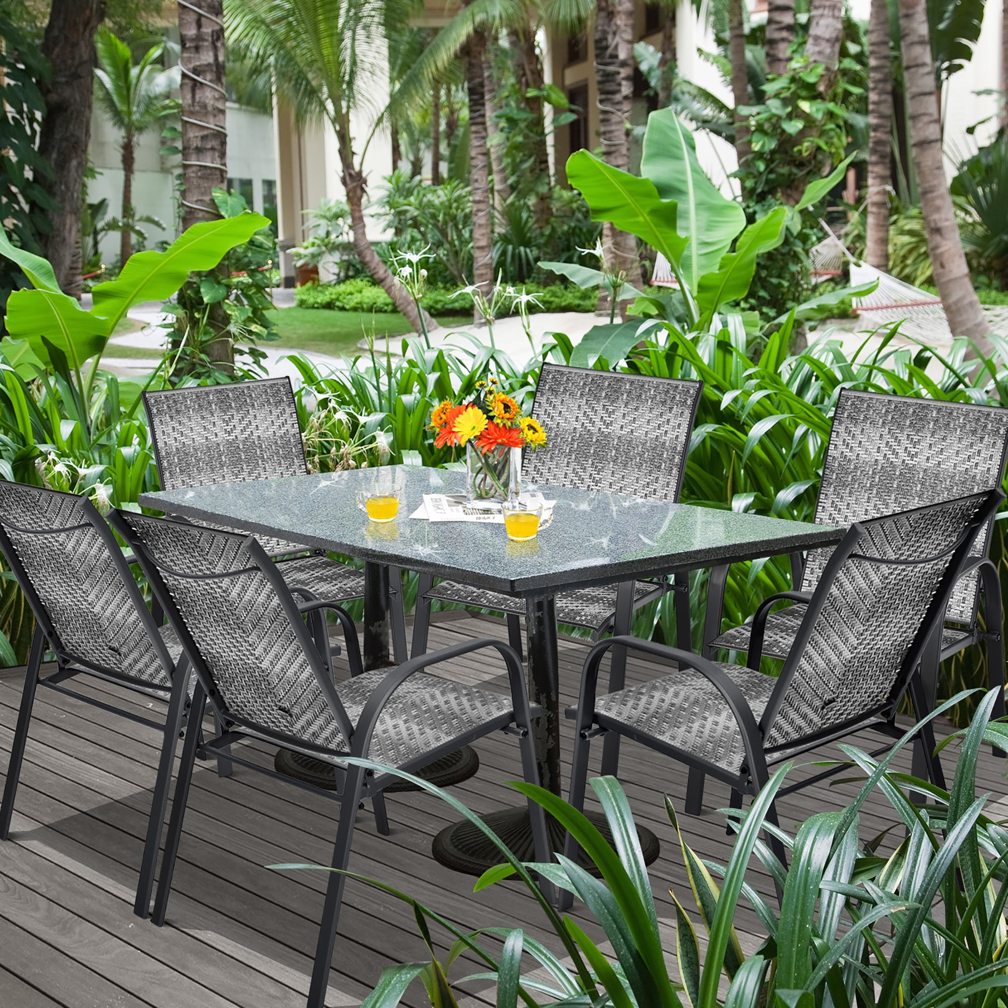 Costway Set of 6 Patio Rattan Dining Chairs Stackable Armrest Garden Mix Gray