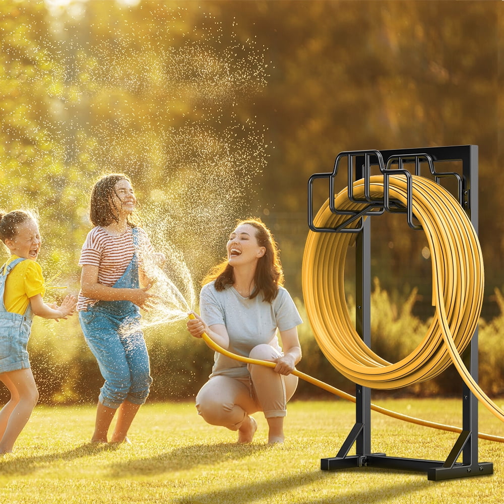 Garden Hose Reel Holder – Detachable Heavy Duty Metal Water Hose Hanger Stand, Free-Standing Organizer, Black