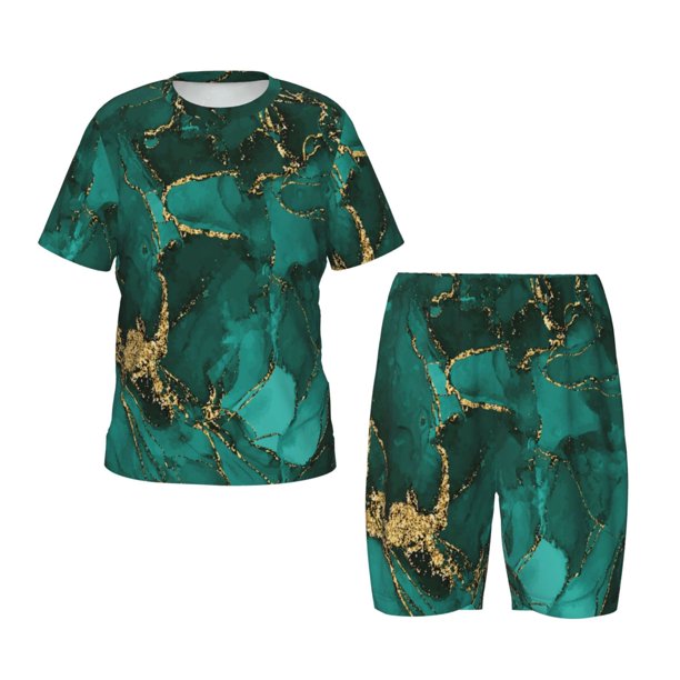 Balery Green Gold Glitter Conjunto de Pijama Infantil de Manga Corta con Estampado – Ropa de Dormir de Algodón Suave-Small