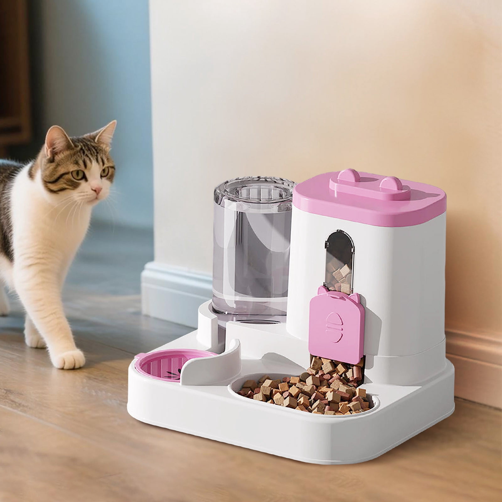 Gravity Cat Feeder and Water Dispenser, 2 in 1 Automatic Cat Feeder, Large Capacity Self Feeding for Small Medium Dog Puppy Kitten (Pink)