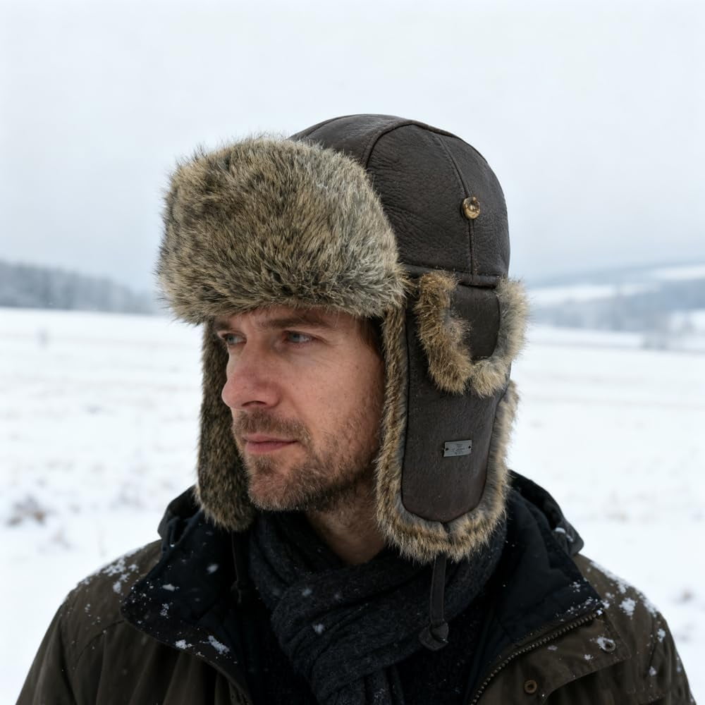 Winter Trapper Hat,Faux Rabbit Fur Knit Sheepskin Russian Trooper Aviator Hats Hunting Ski Ushanka Hat with Ear Flaps