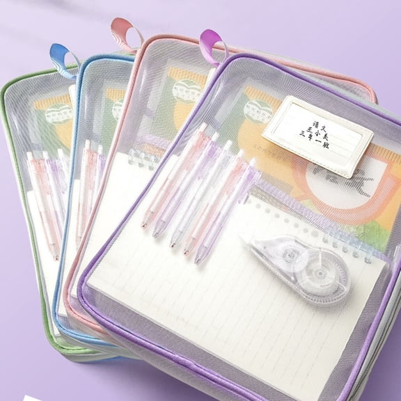 Transparent Mesh Zipper Pouch Bag Stationery Holder File Storage Large Capacity Organizer