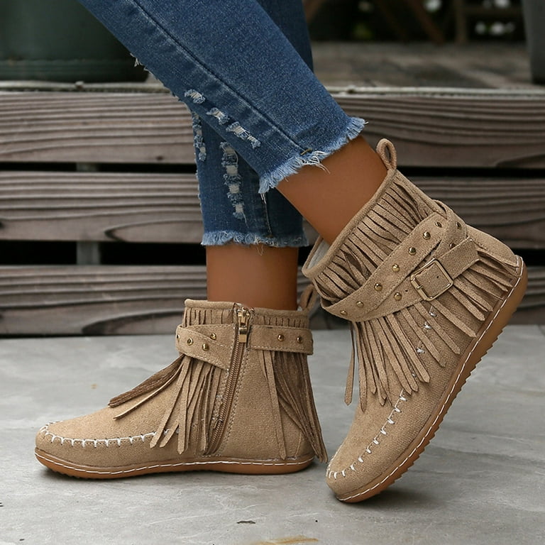 IUJSOY Cowboy Boots for Women Suede Round Toe Fringe Ankle Boots
