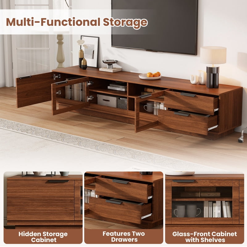 79-inch Modern TV Stand for TVs Up to 85", Entertainment Center Cabinet with Drawers, Cable Hole & Soft-Closing Glass Doors