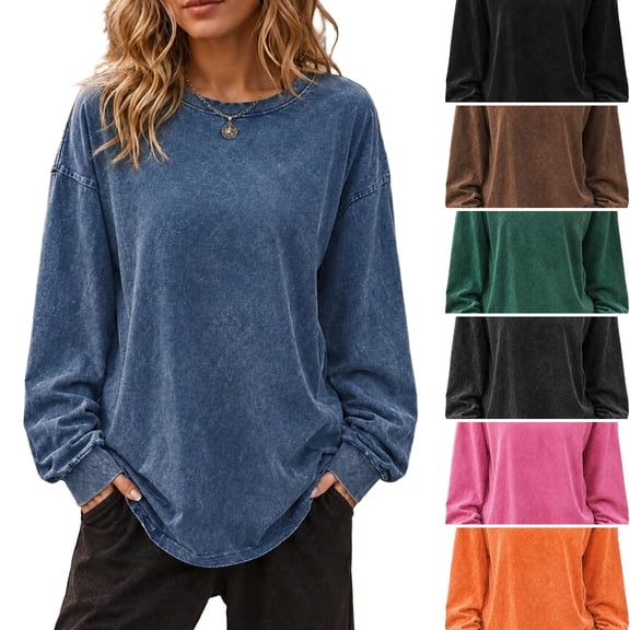 WULMLEO Women Retro Vintage Wash Sweatshirts Long Sleeve Crewneck Tops Oversized Loose Curved Hem Soft Lightweight Fall Daily Wear Tees Blue L