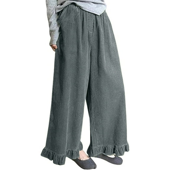 cocolona Womens Casual Corduroy Palazzo Pants Elastic Waist Straight Ruffle Wide Leg Lounge Pants with Pockets