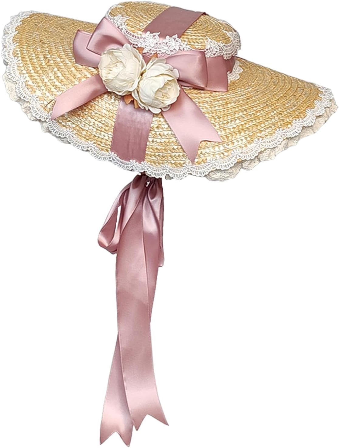 Kukuzhu Women Victorian Tea Party Sun Hat, Lolita Bows Flower Ribbon Flat Straw Hat Summer Beach Bonnet Cap for Travel