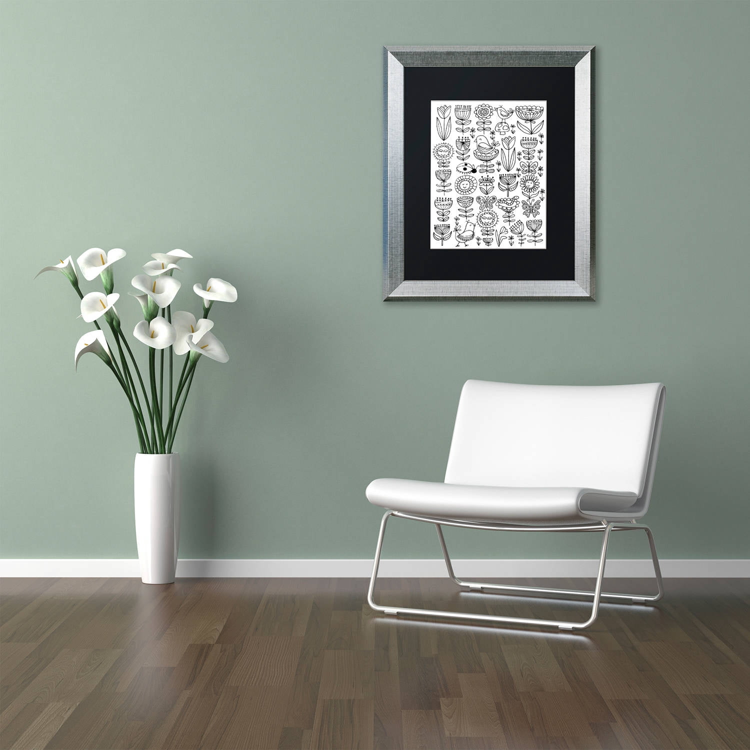 Trademark Fine Art "Birds And Flowers I" Canvas Art by Elizabeth Caldwell, Black Matte, Silver Frame