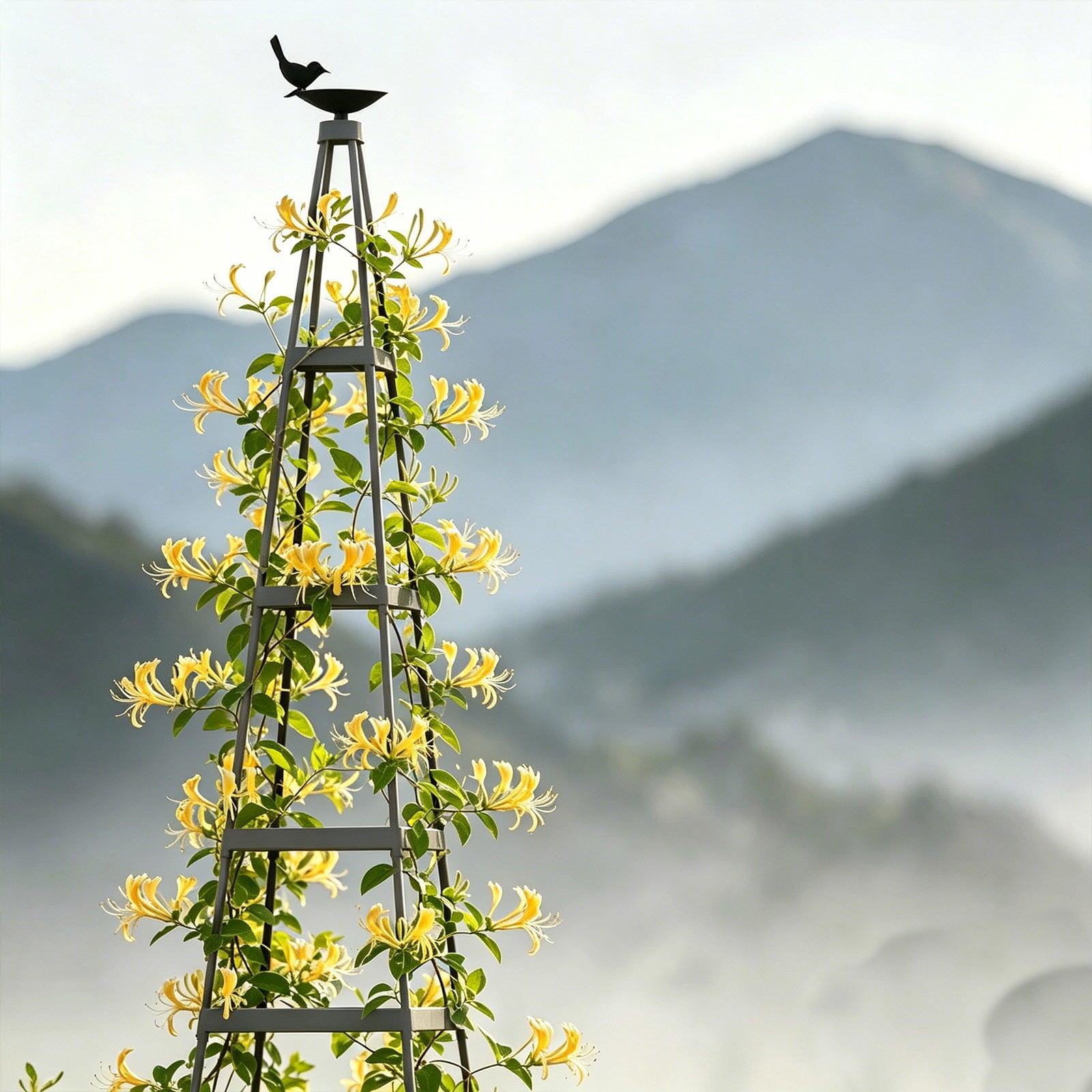 Garden Trellis Plant Support, Gray Metal Climbing Frame with Bird Feeder for Vines, Tomatoes & Flowers