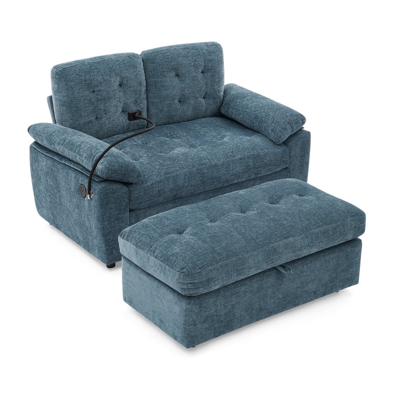 Double Sofa Recliner with Storage Ottoman, Manual Adjustable Reclining Loveseat with USB Charging Port, Phone Stand, and Soft Padded Armrests for Living Room, Apartment, and Home Theater