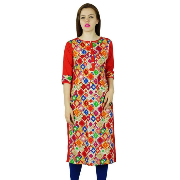 Bimba Women Red Printed Blouse Cotton Kurta Kurti Indian Clothing 3/4 Sleeve