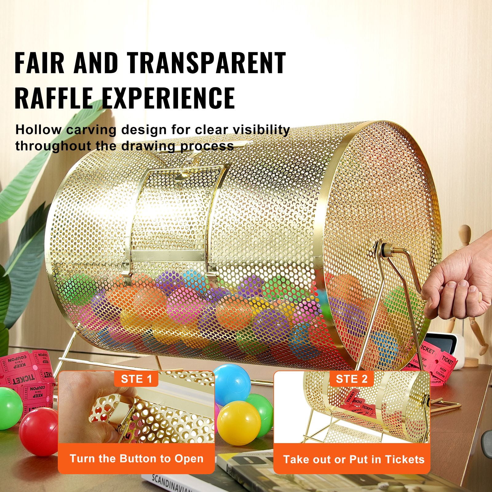 Raffle Drum, Holds 10000 Tickets or 300 Ping Pong Balls, Metal Lottery Spinning Drawing with Wooden Turning Handle, 14.8 x Ø21.26 inch Brass Plated Raffle Ticket Spinning Cage, for Bingo Ballot