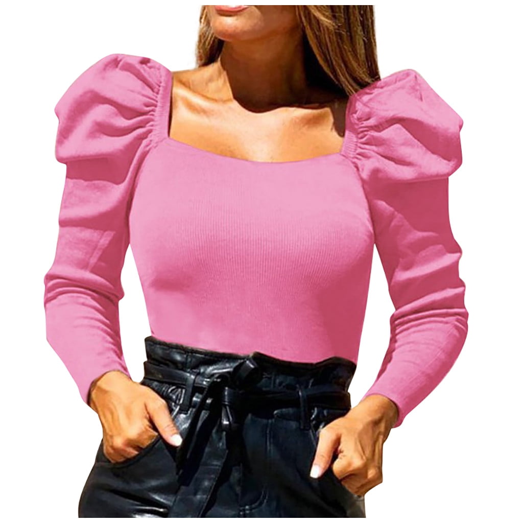 Women's Fine Knitted Puff Shoulder Long Sleeve Ribbed Jumper Shirt