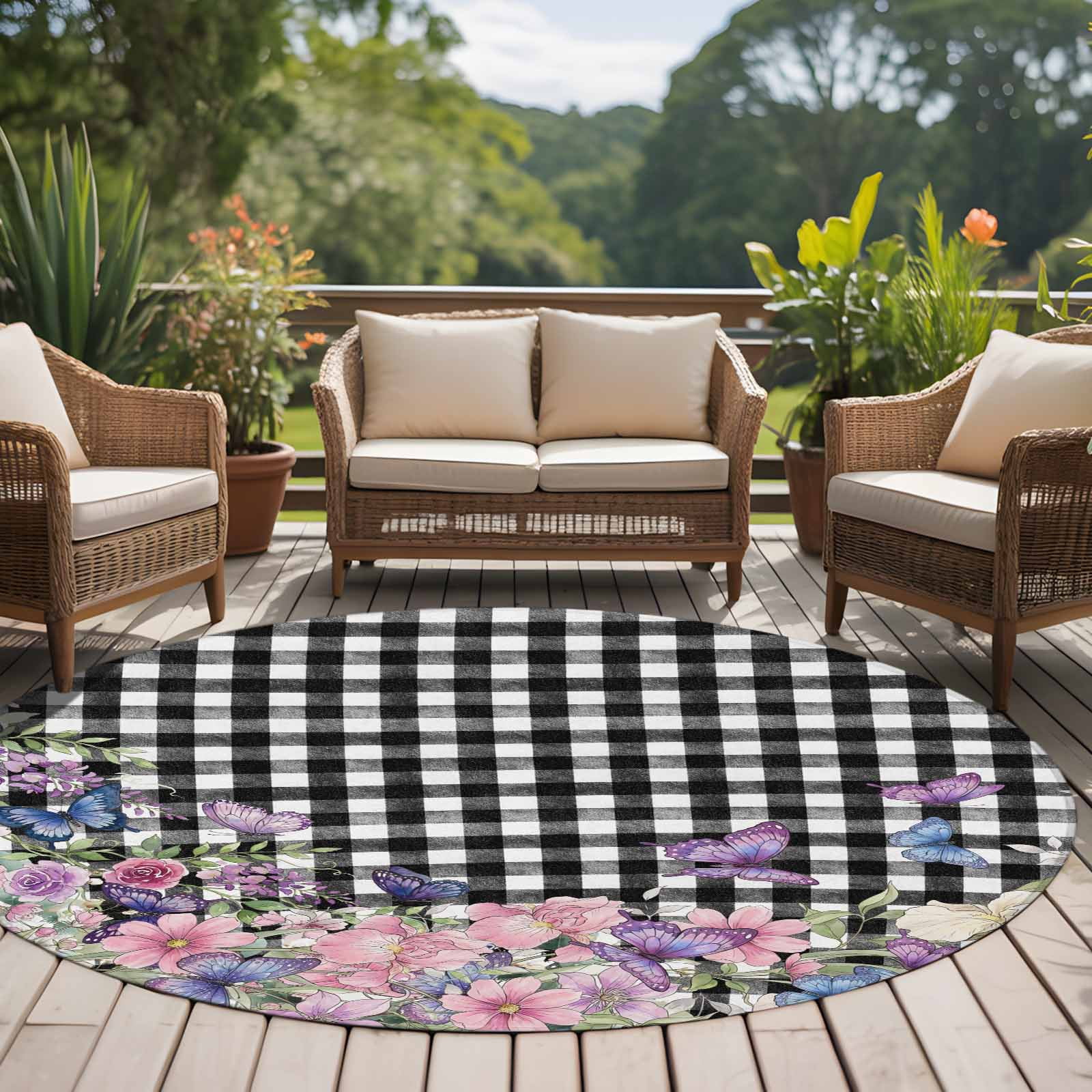 Spring Floral Round Area Rug 6Ft Washable Circle Rugs for Bathroom Office, Black White Checkered Farmhouse Butterfly Non-Slip Carpet Floor Mats Indoor Outdoor Carpet Runner Aesthetic Home Decor