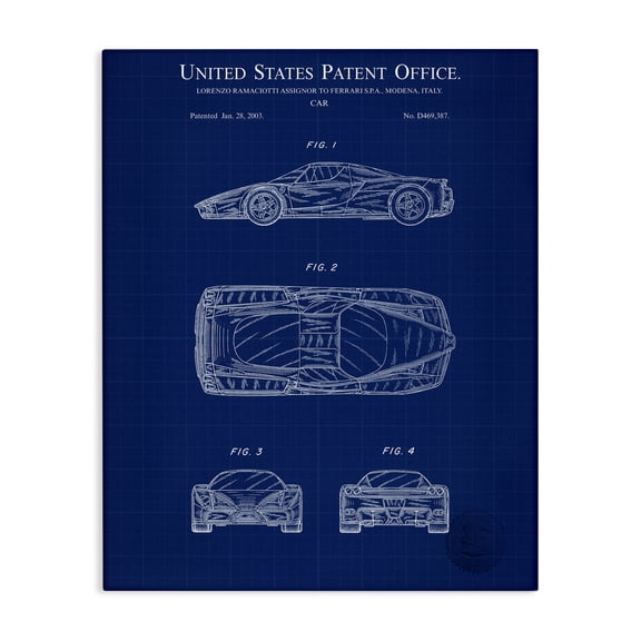 Stupell Industries Detailed Car Blueprint Transportation Painting Gallery Wrapped Canvas Art Print Wall Art, 16 x 20