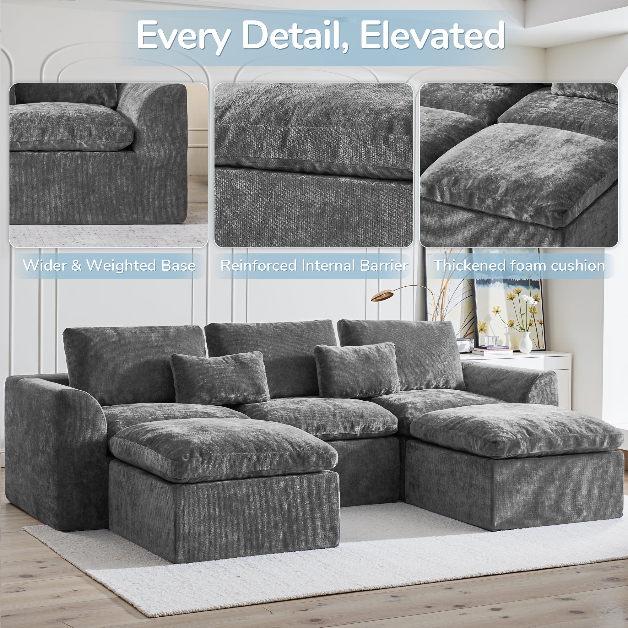 YINIX 120" Modular Sectional Sofa with Movable Ottomans, U-Shaped Couch for Living Room, No Assembly Required, Grey