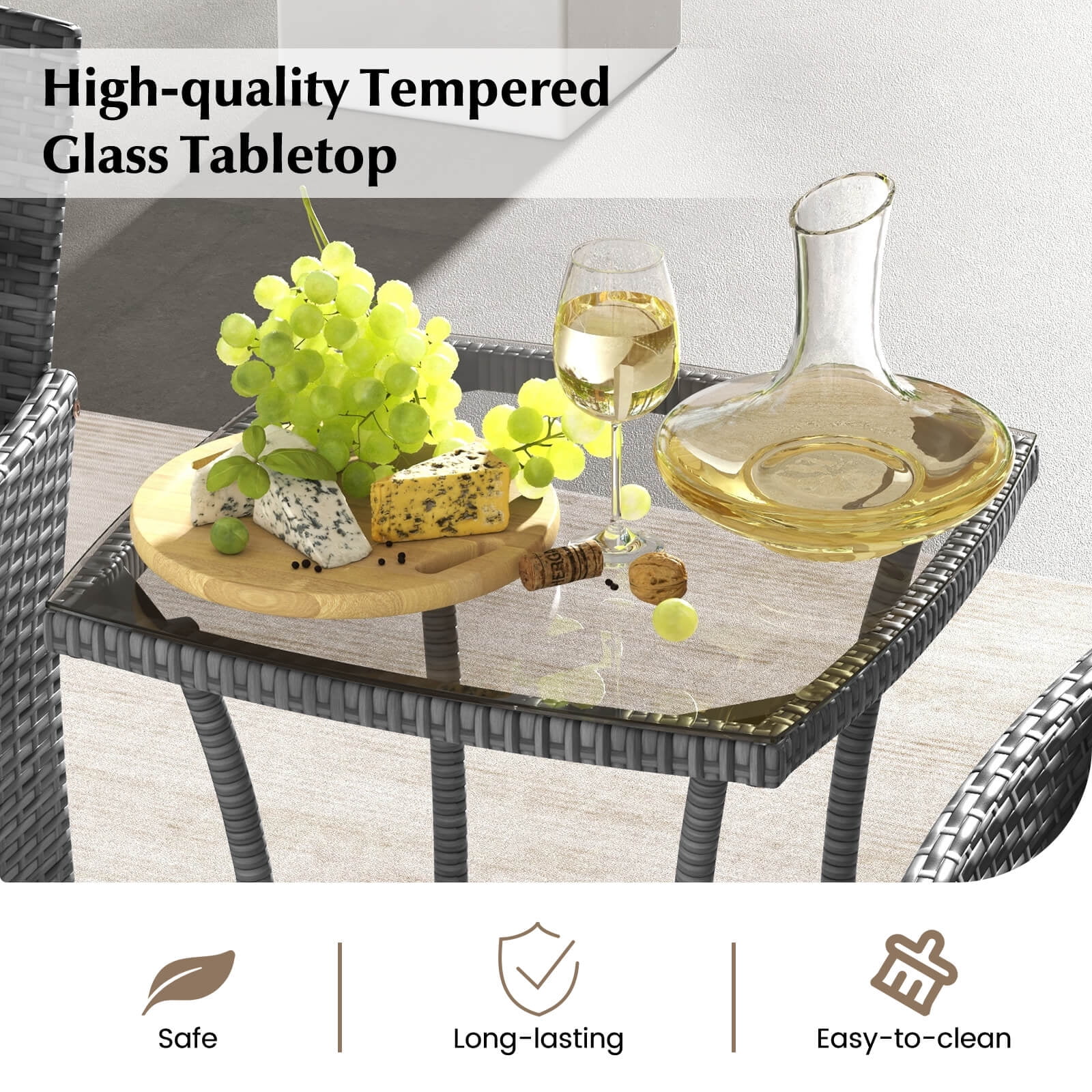 Costway 3 PCS Patio Furniture Set with Cushioned Patio Chairs & Tempered Glass Coffee Table Black