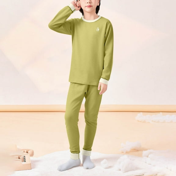 BRGZLK Boys Homewear Long Sleeve Round Neck Top Shirt Set Unisex Style Autumn Winter Fleece Lined Wool Warm Autumn Clothes Pants Loungewear Set Green 11-12 Years