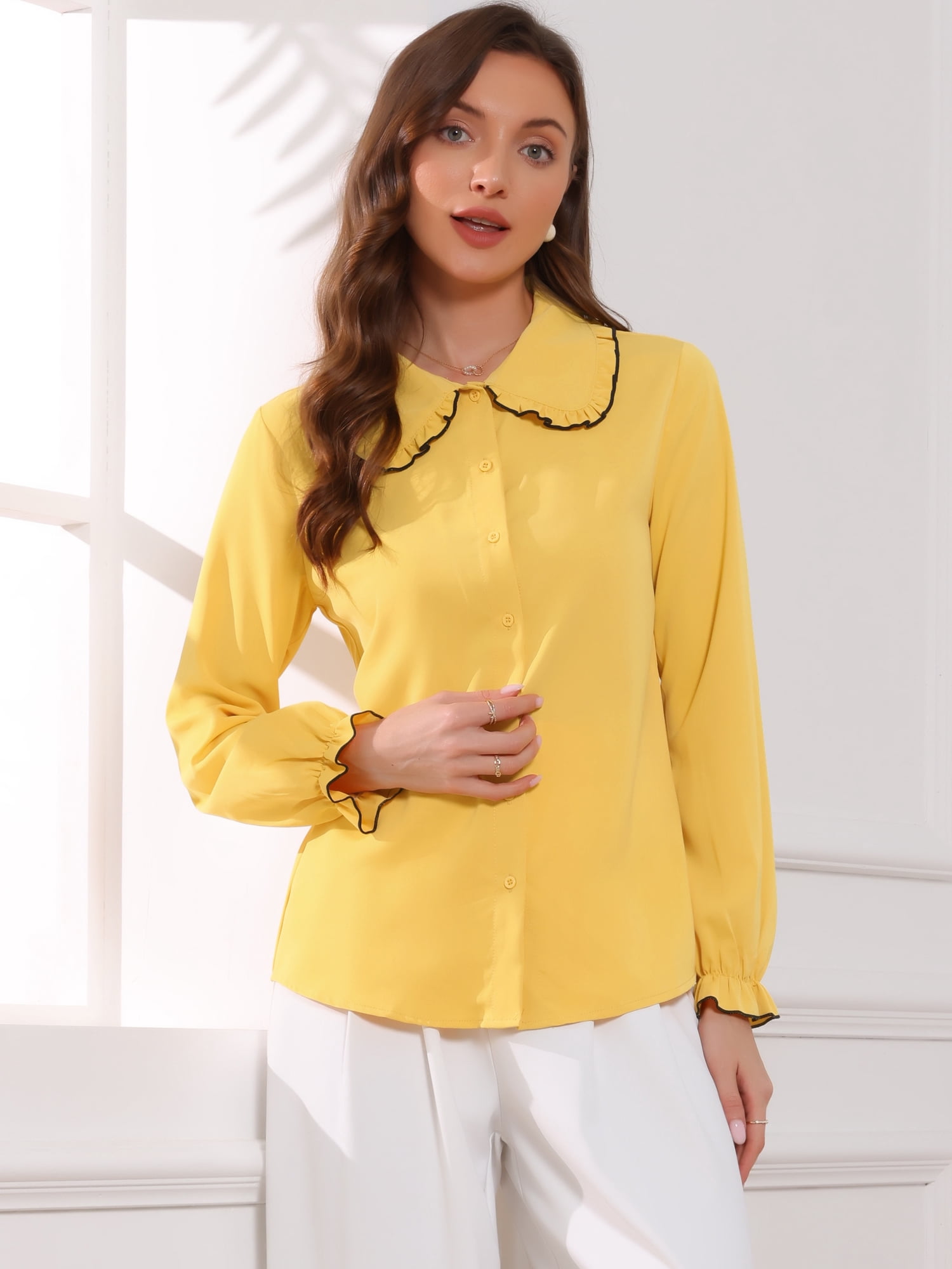 DARING DIVA Women's Long Sleeve Peter Pan Collar Button Down Blouse M Yellow