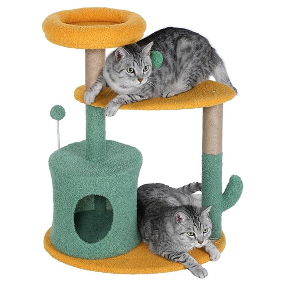 HHBEAUTY 31 inch Catcus Cat Tree Tower for Indoor Cats, Small Cat Tree Tower with Scratching Posts with Curved Perch Playhouse Condos for Adult and Kittens, Green & Orange