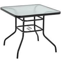 32" Patio Table Square Bistro Table Outdoor Garden Table Patio Coffee Table with Tempered Glass Top and Umbrella Hole Patio Glass Side Table for Backyard Lawn Balcony Pool, Black