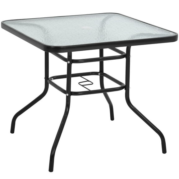 32" Patio Table Square Bistro Table Outdoor Garden Table Patio Coffee Table with Tempered Glass Top and Umbrella Hole Patio Glass Side Table for Backyard Lawn Balcony Pool, Black