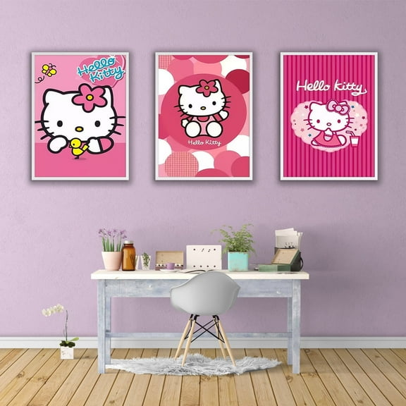 -3pcs Sanrio Cartoon Kitty White Canvas decorative painting living room dining room bedroom family wall art decorative painting Exquisite durable decorative painting,Frameless