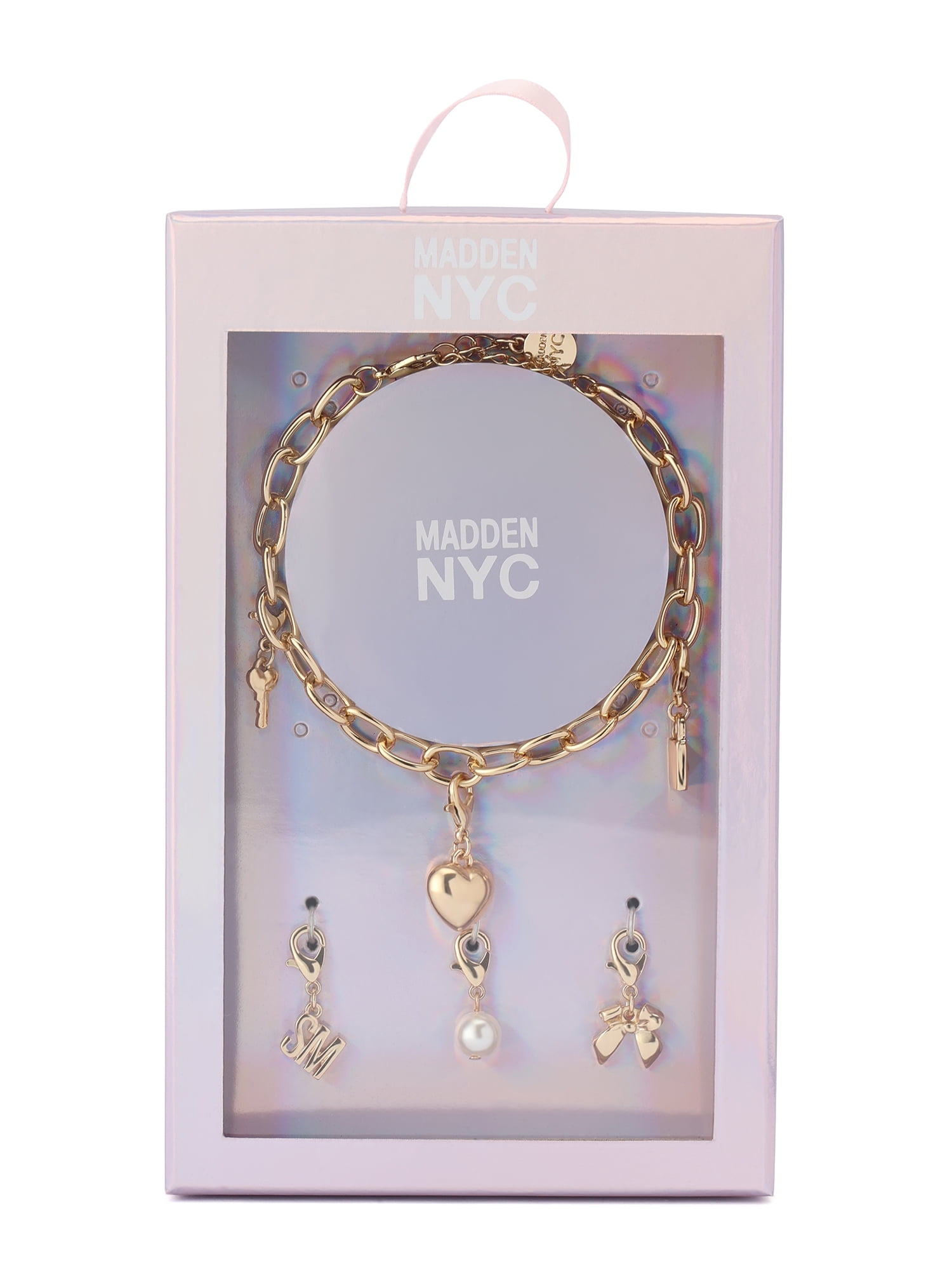 Madden NYC Women's Fashion Gold-Tone Lock Key Bracelet & 3-Piece Charm Giftable Boxed Jewelry Set