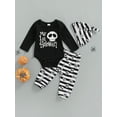 thumbnail image 2 of Bagilaanoe 3Pcs Newborn Baby Girl Halloween Outfits Skull Head Letter Print Long Sleeve Romper Tops Striped Skull Trousers Beanie Hat 3M 6M 12M 18M Infant Fall Long Pants Set, 2 of 8