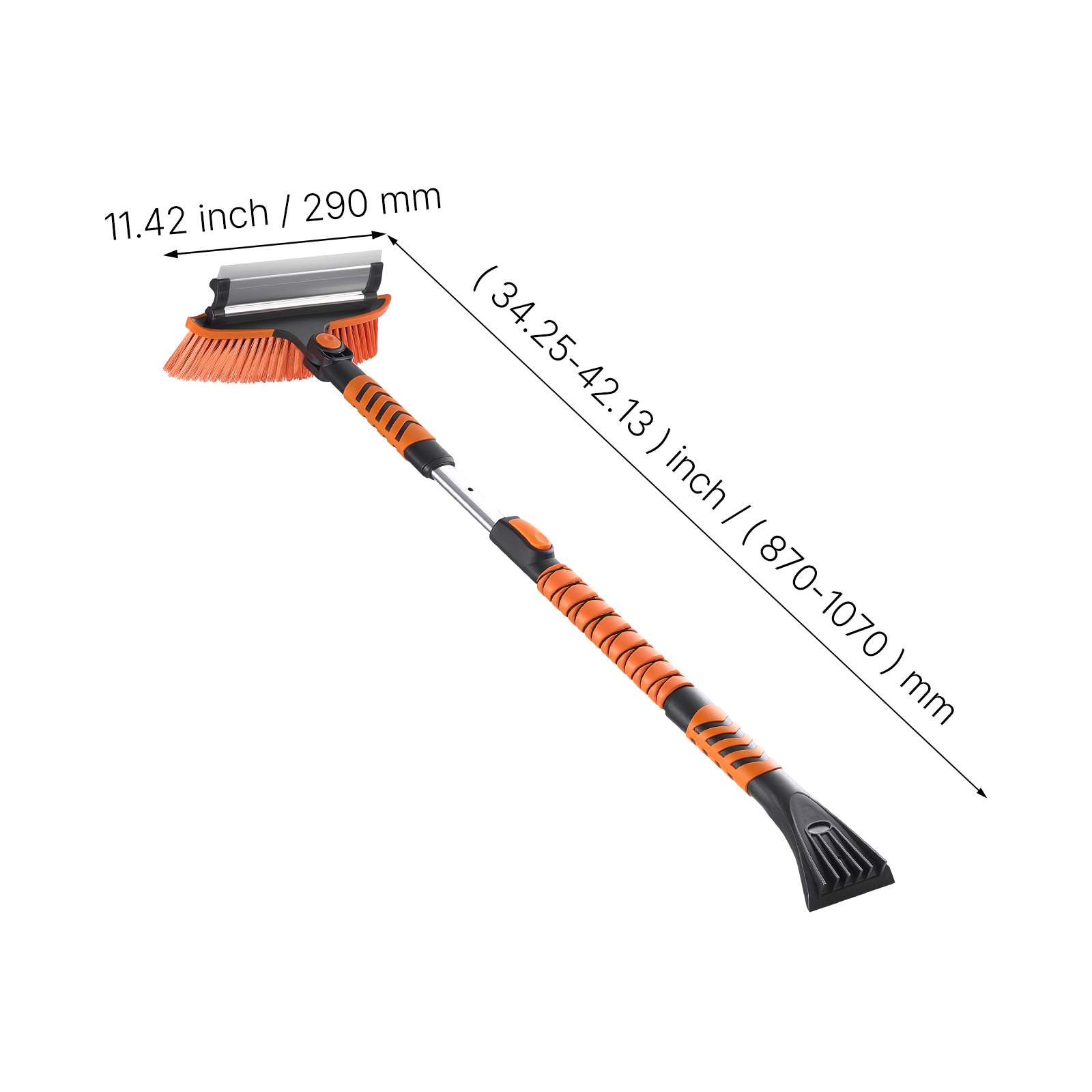 KFFKFF 3-in-1 Car Snow Brush with Ice Scraper, Squeegee, and Adjustable 180° Brush Head, Extendable Aluminum Handle (34.3"-42.1") with Foam Grip for Windshield, Windows, RVs, Trucks, and SUVs