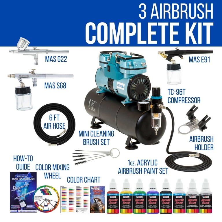 New 3 Airbrush Kit 6 Primary Colors Air Compressor Dual-Action Color Wheel  Set - Walmart.com