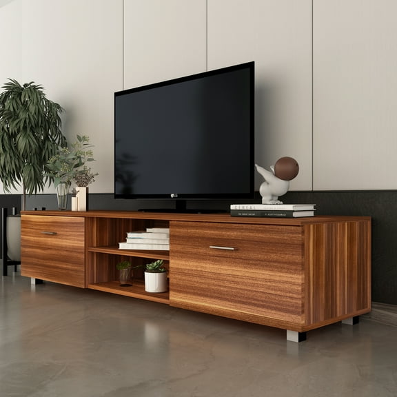 Home TV Stand for TVs up to 70 inch, SYNGAR TV Cabinet with Double Door and 2 Open Shelves, Walnut, D4644