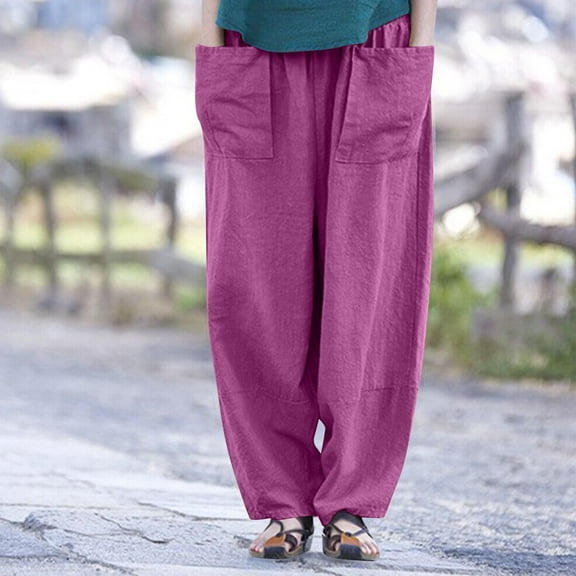 ClodeEU Women's Harem Pants,Lightweight Loose Fit Capri Pants, Elastic Waist Linen Pants With Pockers Purple,Womens Plus XXL