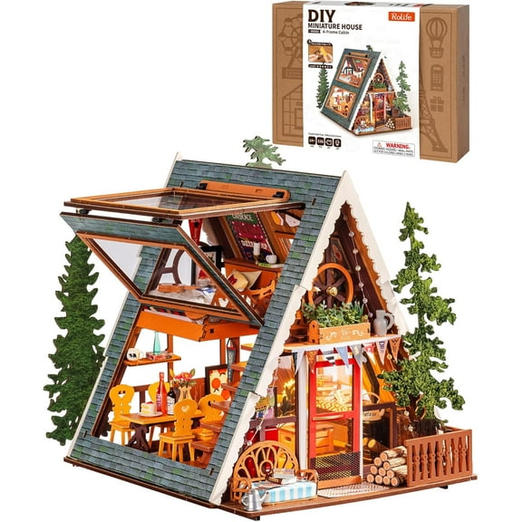 Rolife DIY Miniature House Kits, Tiny House Wooden Model Building Set for Adults, Birthday/Halloween for Parents Friends Gift (A-Frame Cabin)
