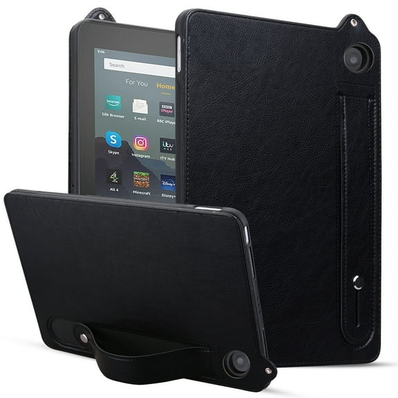 Protective Case for All-New Amazon Kindle Fire 7 Tablet 12th Generation 2022 Released, Premium PU Leather Slim Lightweight Stand Hand Strap Shockproof Case Cover for Kindle Fire 7, Black