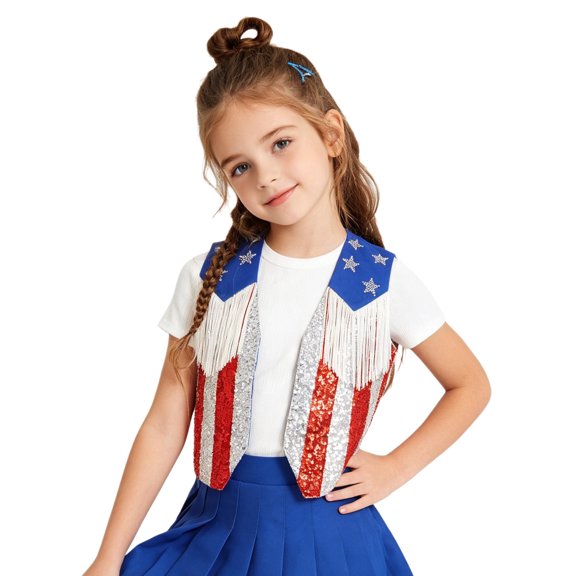 iixpin Fringe Waistcoat for Kids, Rhinestone Stars, Fringe Trim Open Front Tank for Themed Party Royal Blue 12