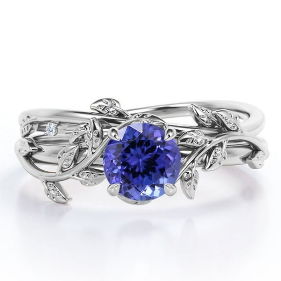 JeenMata Leaf and Vine - 0.5 TCW Round Cut Lab Created Tanzanite - Solitaire Wedding Ring Set - 18K White Gold Plating over Silver