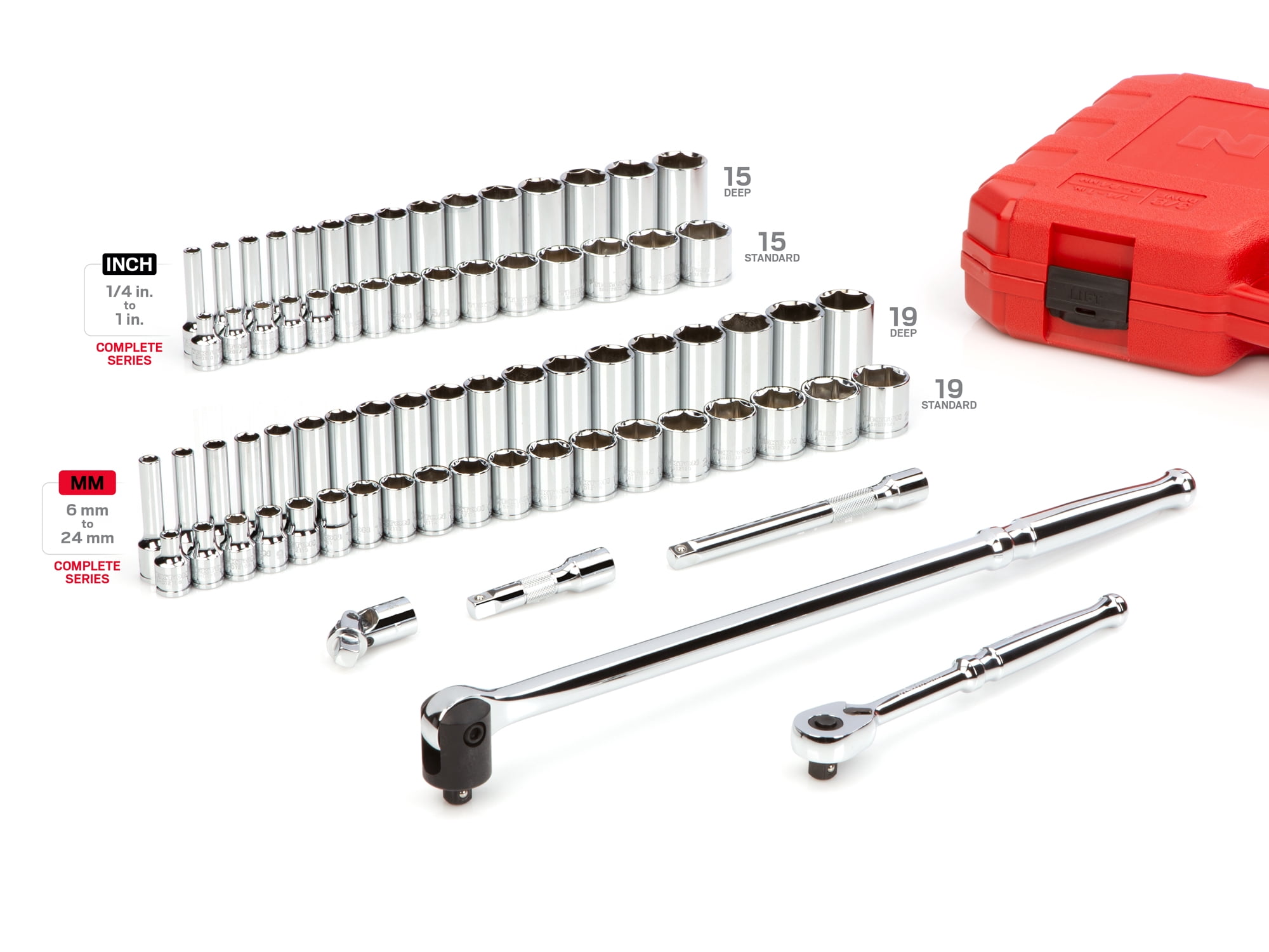 TEKTON 3/8 Inch Drive Shallow and Deep 6-Point Socket and Ratchet Set with Case, 73-Piece (1/4-1 in., 6-24 mm) | SKT15311