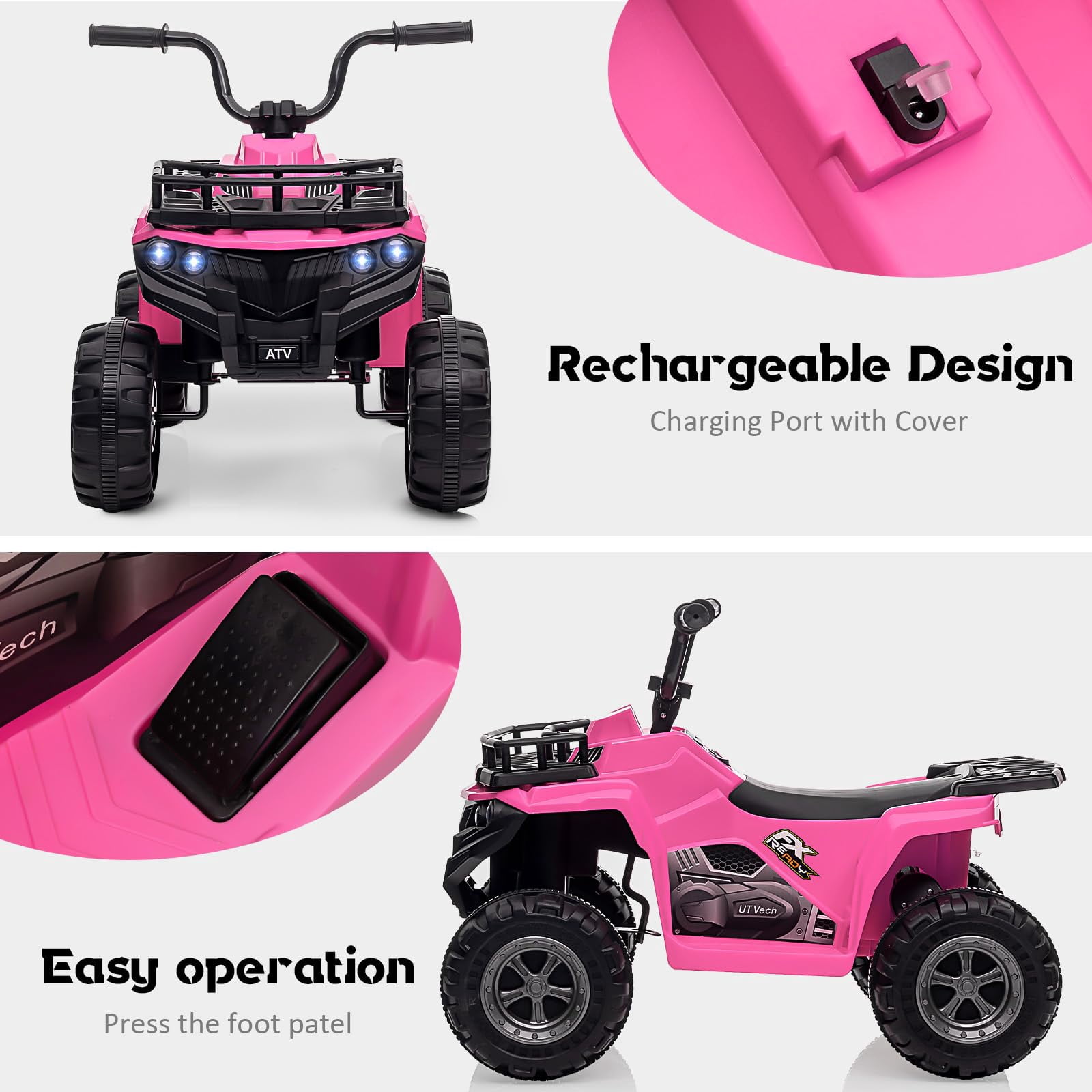 TROPOW 12V Ride On Toys for Boys,Kids Ride On ATV,4 Wheeler Electric Vehicle for Kids,Battery Powered Quad Toy Vehicle with Music,Horn,High Low Speeds,Led Lights,Electric Ride On Toy,Pink