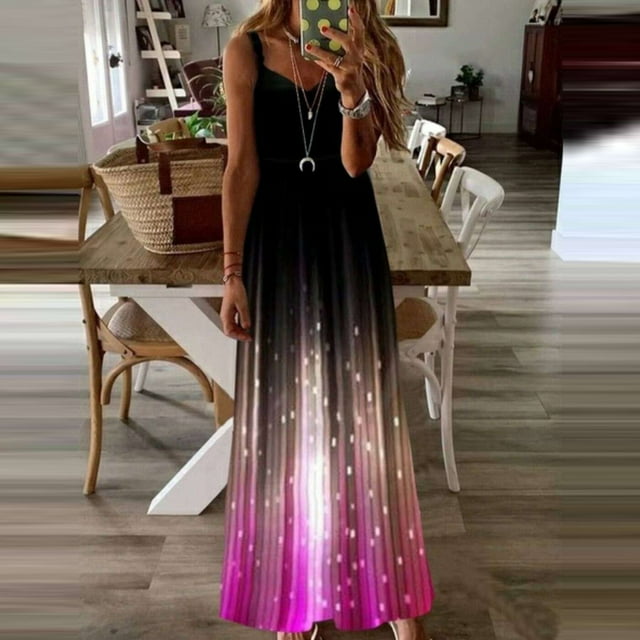 SMihono Robe Maxi Bohème d'Été pour Femmes Grande Taille Mode Féminine Ample Imprimé Lumineux Sans Manches Décontractée Longue Robe de Plage Robe d'Été