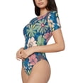 thumbnail image 2 of Daiia Colorful Flowers print Women's Crew Neck Short Sleeve Bodysuit Fashion Tops Fit Casual Basic Extender Bodysuit-Small, 2 of 9
