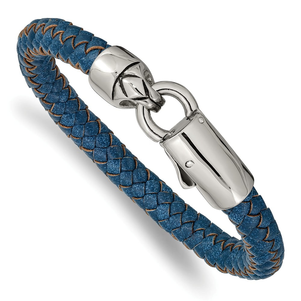 Mia Diamonds Stainless Steel Antiqued and Polished Blue Leather 8.25in ...