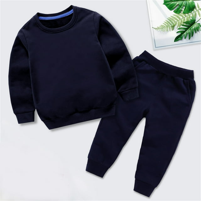 LSLJS Ensemble Automne Hiver pour Tout-Petits Garçons Filles, Bonbon, Couleur Unie, Chandail à Col Rond et Pantalon de Jogging ( Marine, 8-9 Ans )
