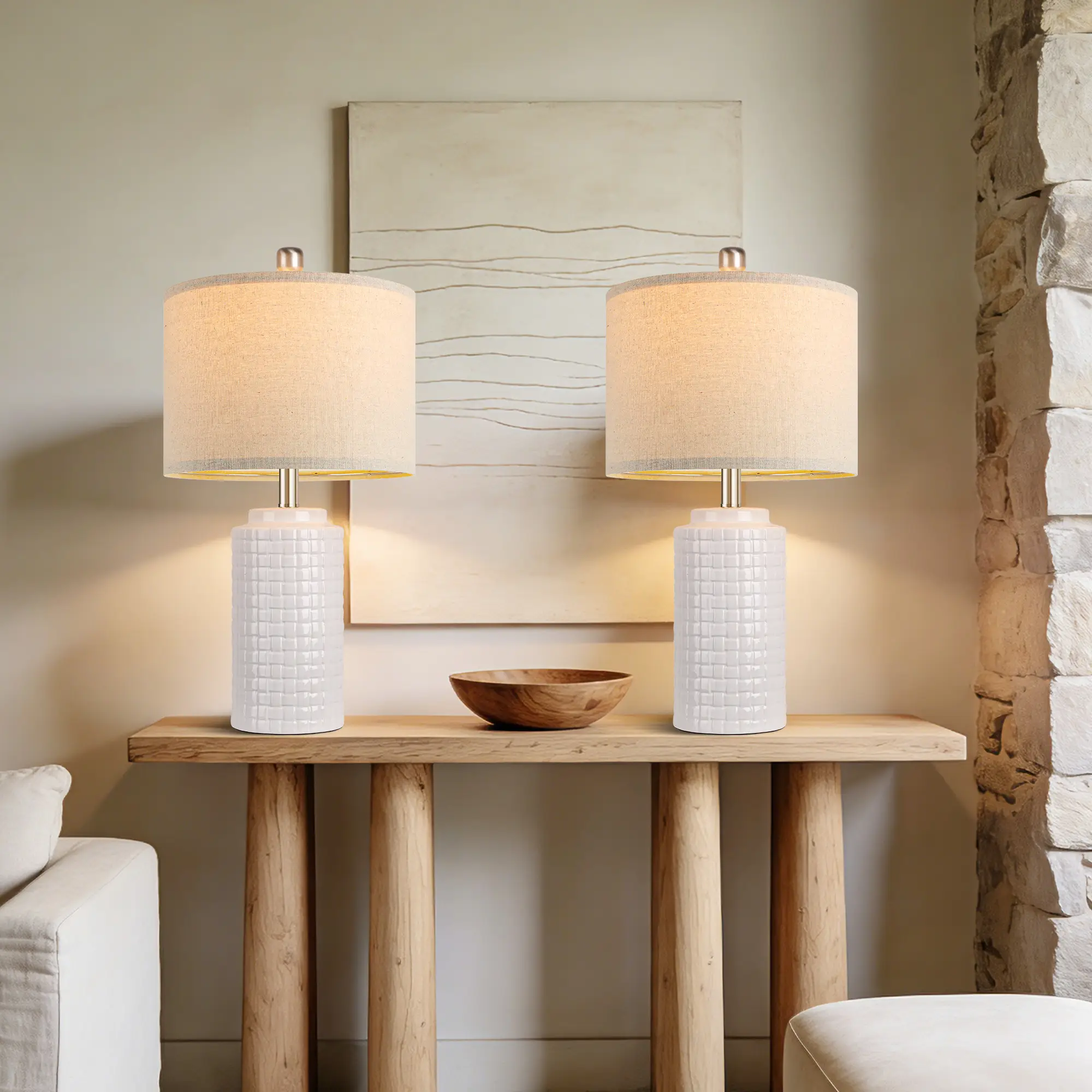 23in Modern Ceramic Table Lamp Set of 2, Table Lamps Rustic Bedside Nightstand White for Living Room