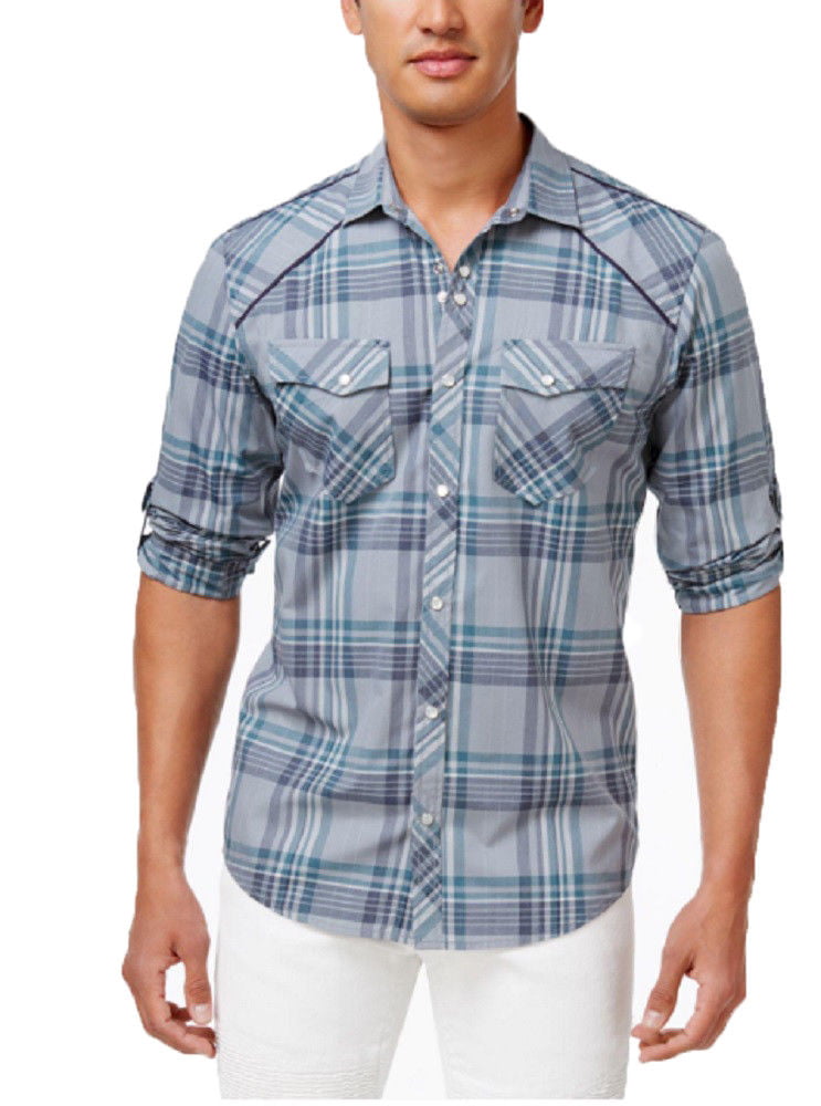 New INC International Concepts Men's Plaid Zip-Pocket Shirt Pale Ink Blue $65.00 