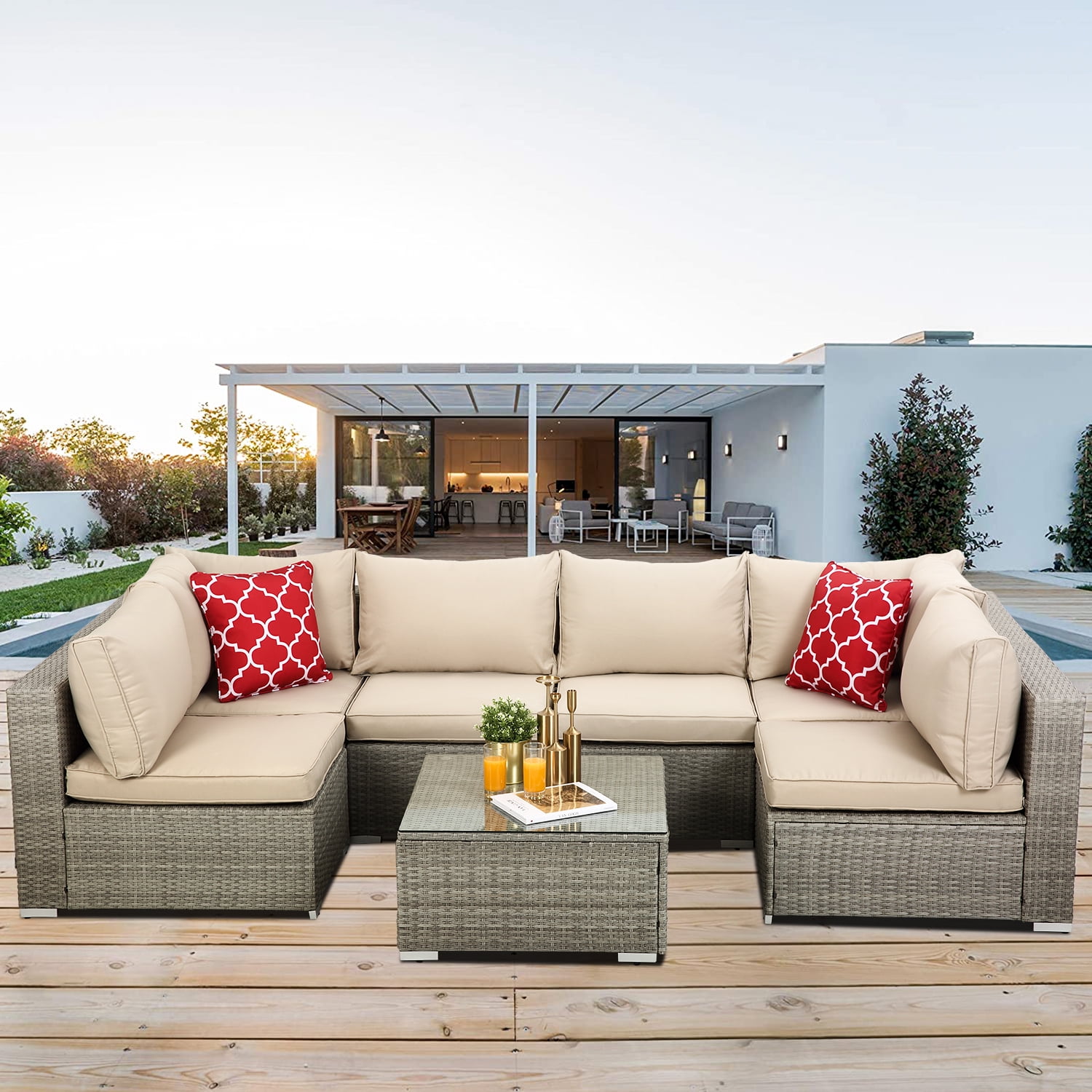 Segmart Outdoor Patio Deck Sectional Sofa Sets, Newest 7 Pieces Wicker Furniture Set with Seat Cushions & Coffee Table, Conversation Sets with 2 Pillows for Porch, Backyard, Beige Cushion, SS643