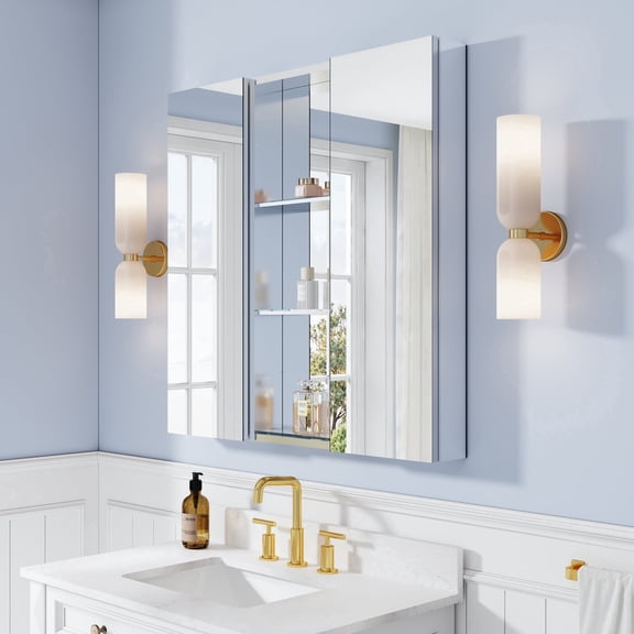 ANGELES HOME 36" x 36" Tri-View Mirror Aluminum Bathroom Medicine Cabinet and Open Shelf Set, Recessed or Surface Mount Bathroom Mirror Cabinet with Soft-Close Door